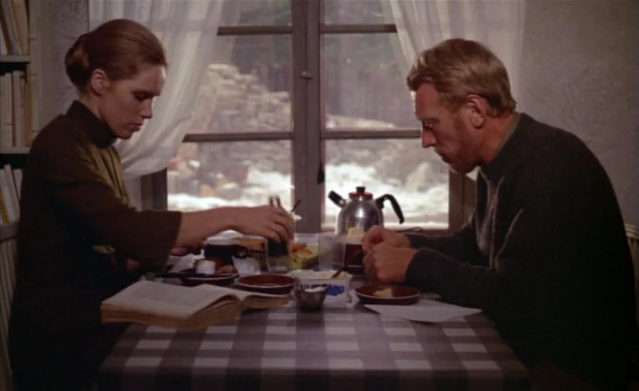 The Passion of Anna (1969) movie still: medium — A man and woman sit opposite each other at a small table inside a home. The table is covered in a…