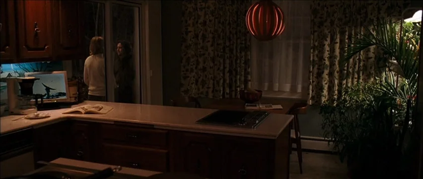 Snow Angels (2007) movie still: wide — A dimly lit room features wooden cabinetry and a large potted plant near a window. Two people stand…