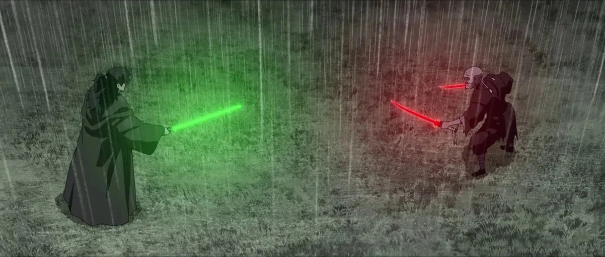 Star Wars: Visions (2021) movie still: wide — A grassy field under heavy rainfall during the night. Two figures in robes stand at a distance,…