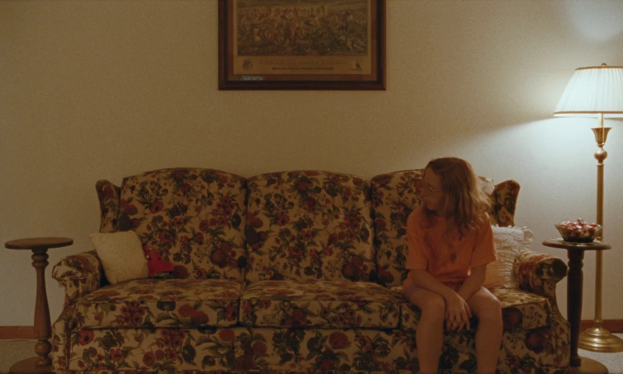 Janet Planet (2023) movie still: medium — A beige-walled room features a floral patterned couch and a framed historical print. A girl in an orange…