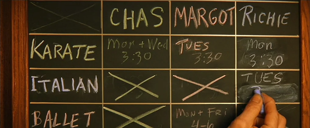 The Royal Tenenbaums (2001) movie still: closeup — A close-up view of a handwritten weekly activity chart on a blackboard. A hand holds a piece of…