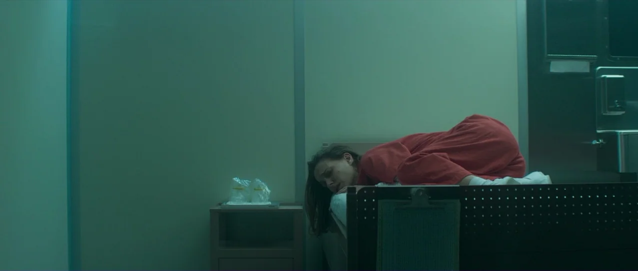 Annihilation (2018) movie still: medium — A sparsely furnished hospital room has smooth, matte walls in a muted green shade. A woman in a red gown…