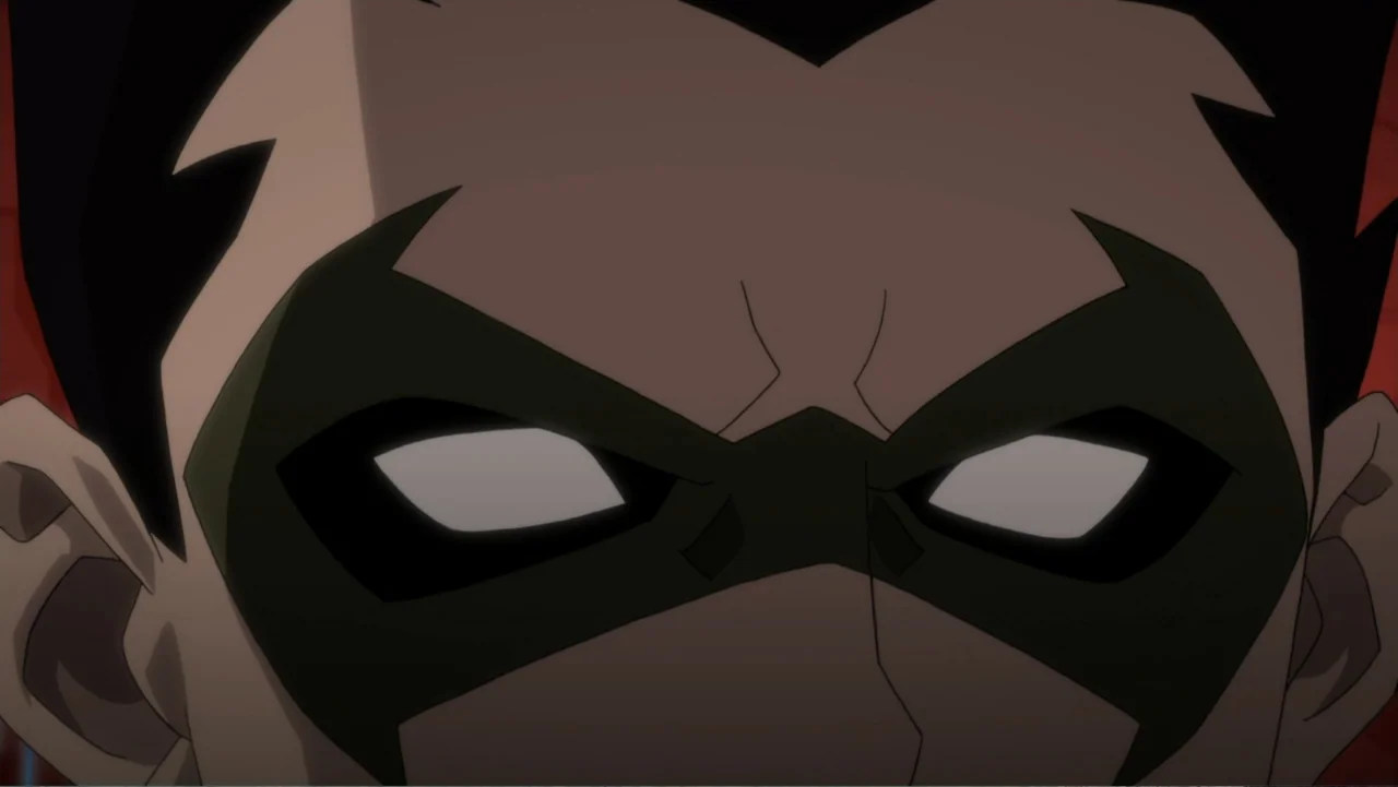 Justice League Dark: Apokolips War (2020) movie still: closeup — A close-up view shows a character wearing a dark green mask over their eyes. The…