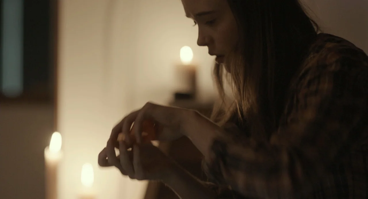 En lo profundo del bosque movie still: medium — A dimly lit room illuminated by several out-of-focus candles in the background. A young woman holds…