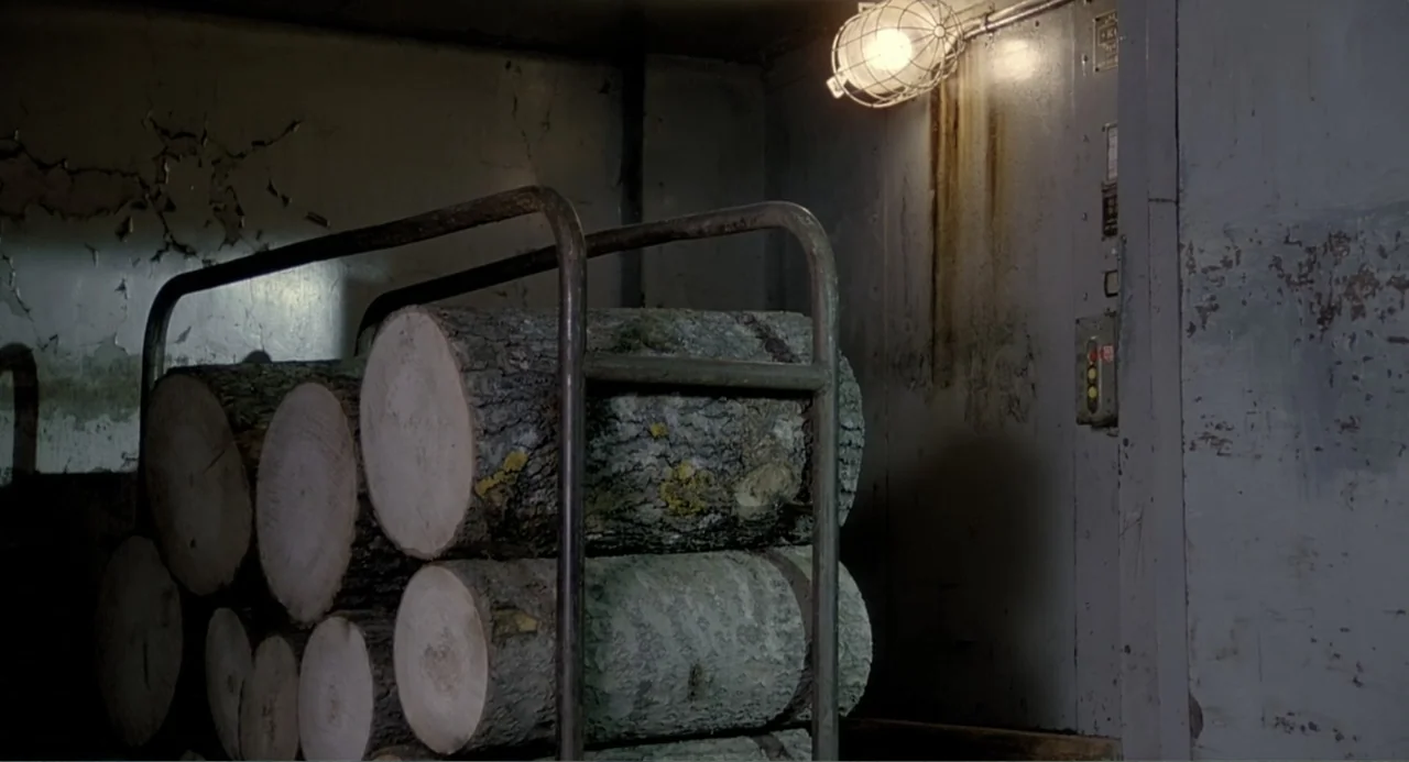 The Match Factory Girl (1990) movie still: medium — A dimly lit storage room features textured walls and a metal cart holding logs. The metal cart…