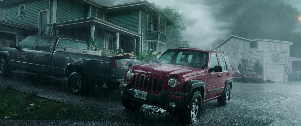 Crawl (2019) movie still: wide — A dark red SUV and a black construction truck sit parked in a residential driveway. Heavy rain cascades over the…