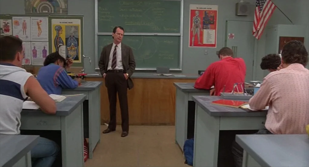A Nightmare On Elm Street 2: Freddy’s Revenge (1985) movie still: wide — A high school biology room features anatomical wall charts and a large…