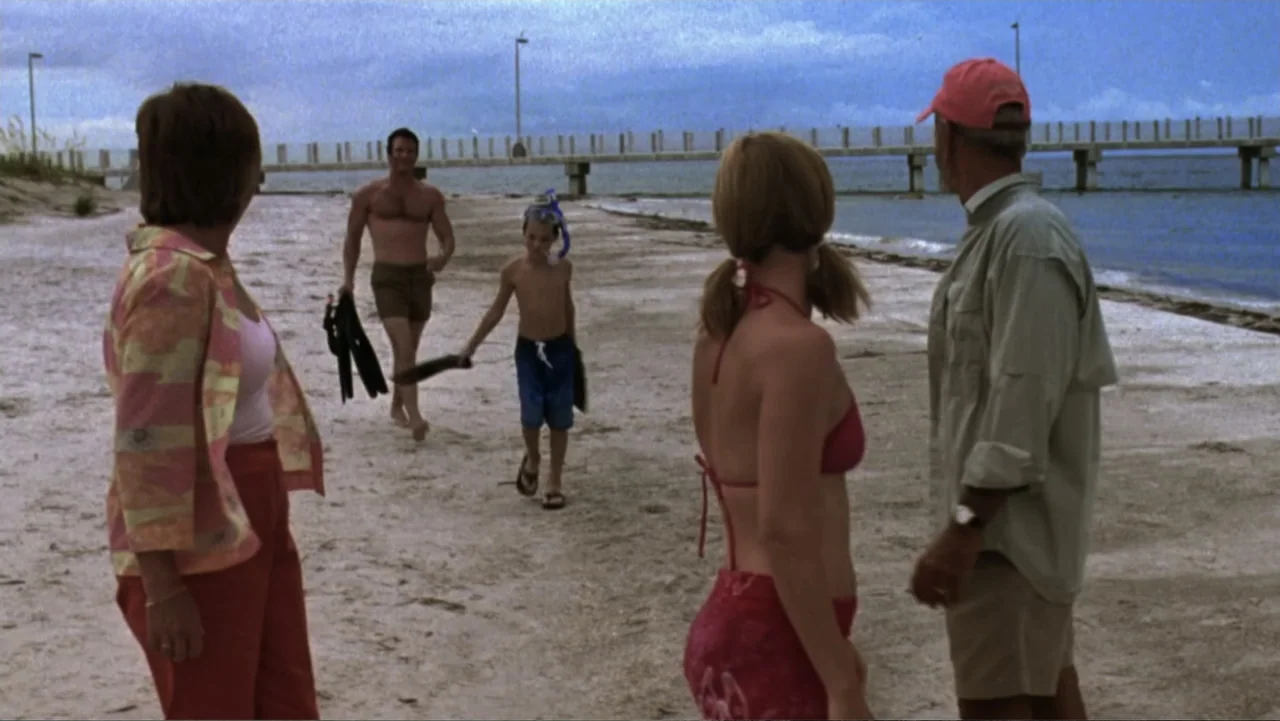 The Punisher (2004) movie still: fullbody — A group of four people walks across a sandy shoreline on an overcast day. A long wooden pier extends…