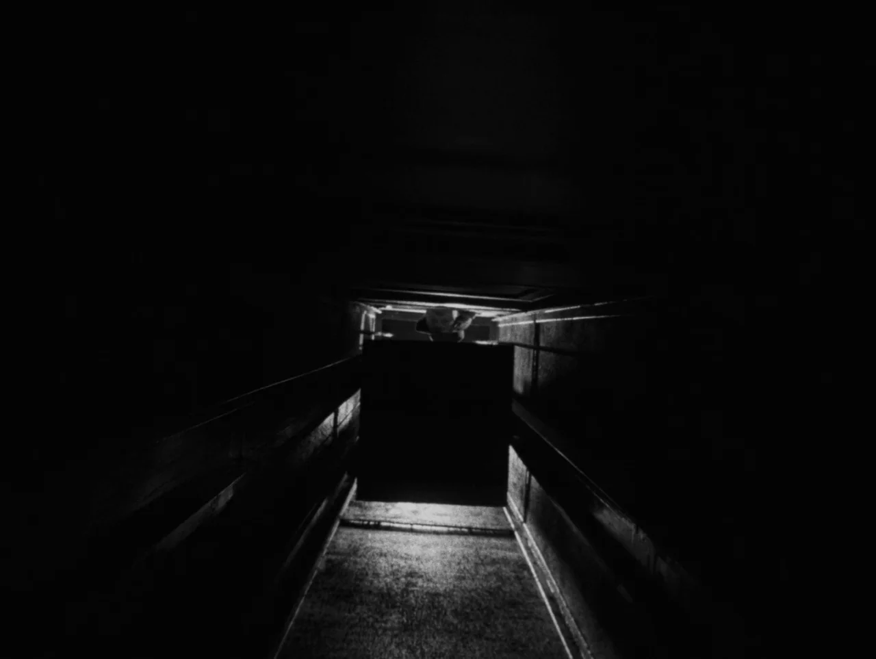 Pickup on South Street (1953) movie still: wide — A vertical elevator shaft extends into deep darkness with metallic rails visible on both sides. A…