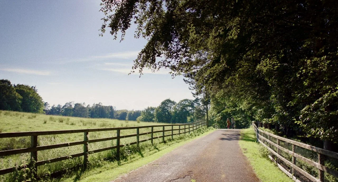 Dating Amber movie still: wide — A rural asphalt road runs between a grassy pasture and a dense tree line. Two individuals walk away from the viewer…