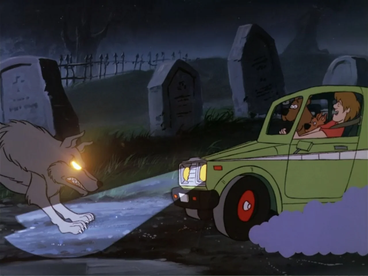 Scooby-Doo! Meets the Boo Brothers (1987) movie still: wide — A dimly lit graveyard at night features multiple weathered stone grave markers. A…