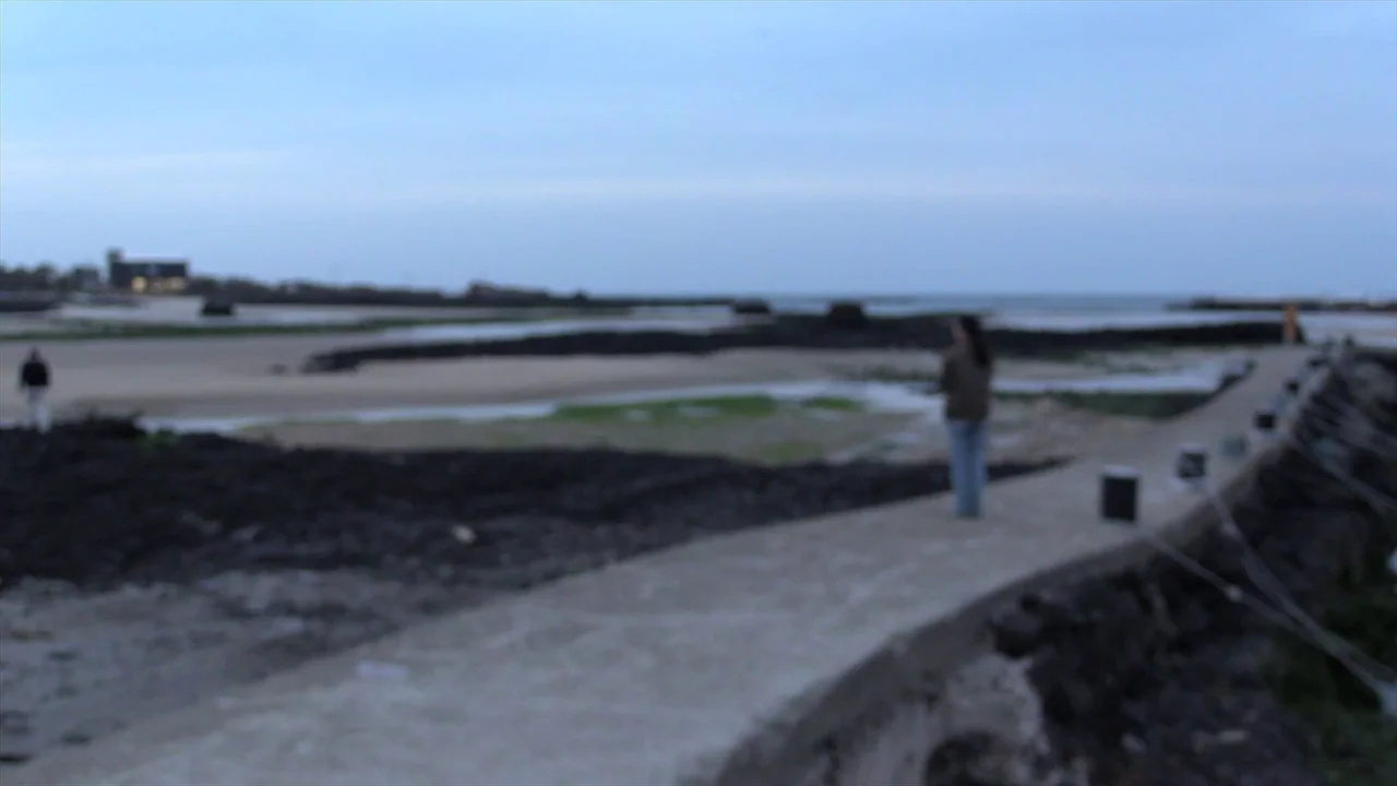In Water (2023) movie still: wide — A concrete pier extends into an expansive coastal landscape with dark rocky tidal flats. A lone figure stands on…