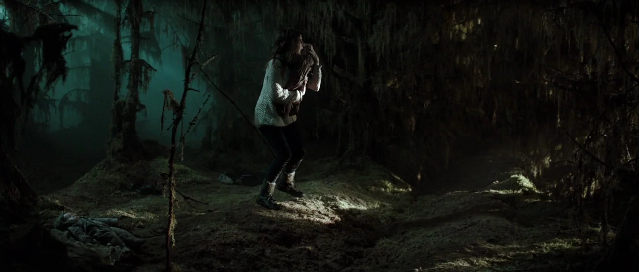 The Hallow (2015) movie still: wide — A dark, dense forest floor is covered in thick moss and draped in hanging lichen. A woman stands in a…
