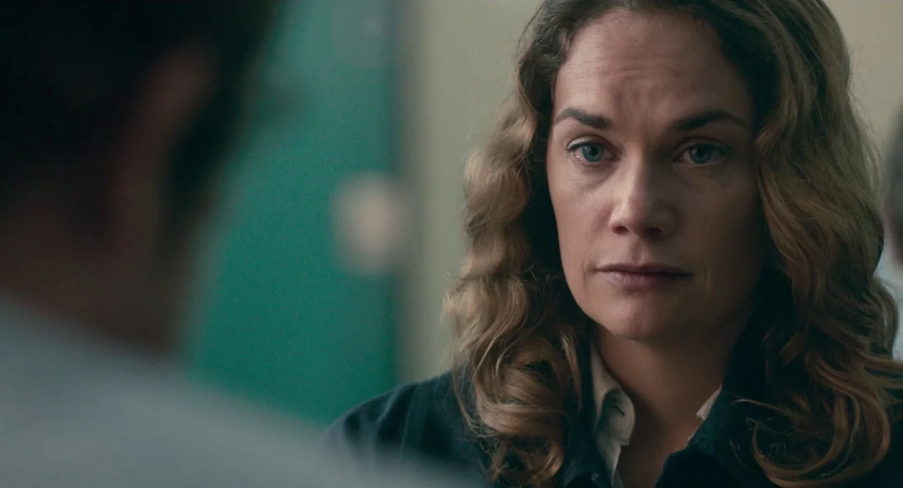 Dark River (2017) movie still: closeup — An interior space contains a person partially framed in the blurred foreground. The woman in the mid-ground…