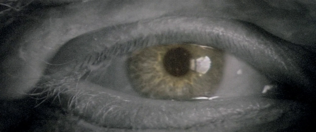 The Phantom of the Opera (2004) movie still: closeup — A extreme close-up of a human eye in a dark environment. The iris features intricate textures…