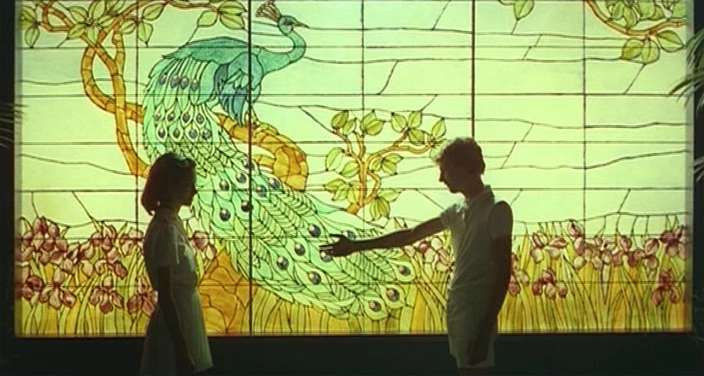 Footprints (Le Orme) (1975) movie still: fullbody — A stained glass window depicts a peacock and floral patterns in green and yellow. A young man…