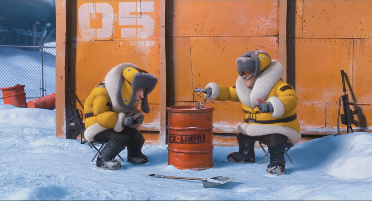 Despicable Me 2 (2013) movie still: fullbody — Two individuals sit in front of an industrial shipping container in a snowy landscape. They play a…