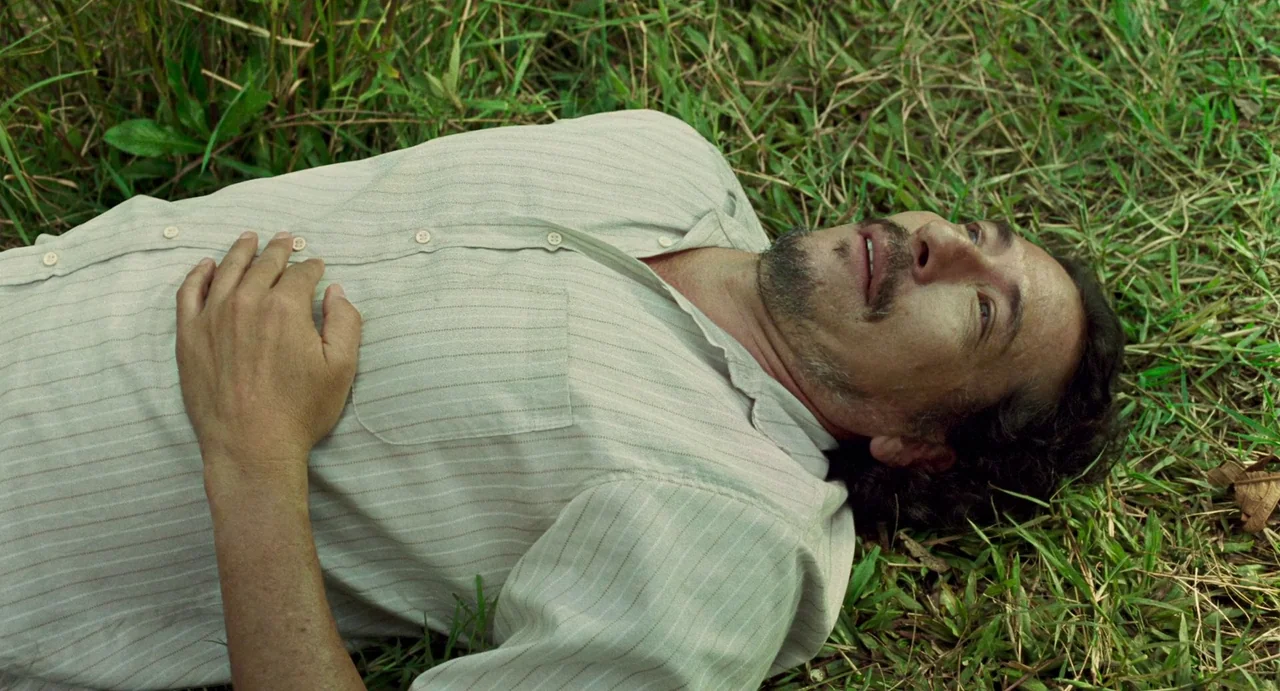 Memoria (2021) movie still: medium — A man lies flat on a patch of uneven green grass outdoors. He gazes upward while resting on the ground in a…