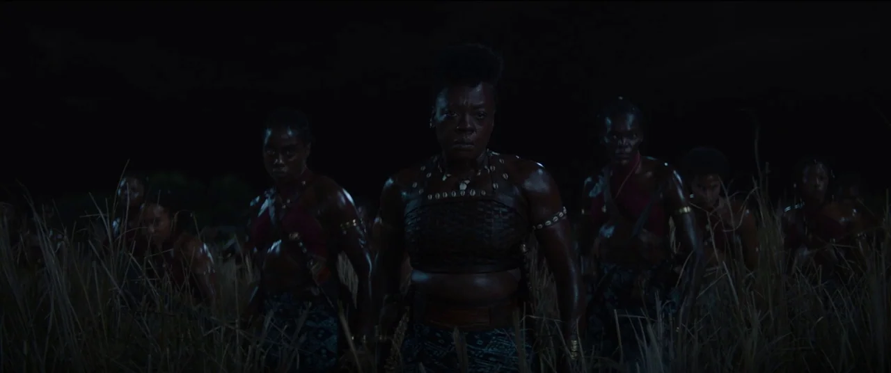 The Woman King (2022) movie still: medium — A group of female warriors in leather armor advances through a dark field. Tall, dry grass surrounds…