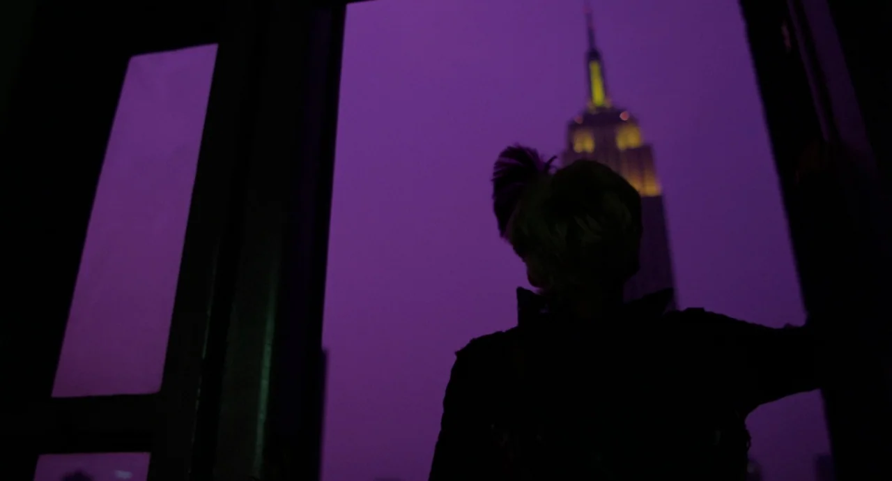 Liquid Sky (1982) movie still: medium — A dark interior space viewed from behind the figure of a woman. She faces an open window overlooking a…