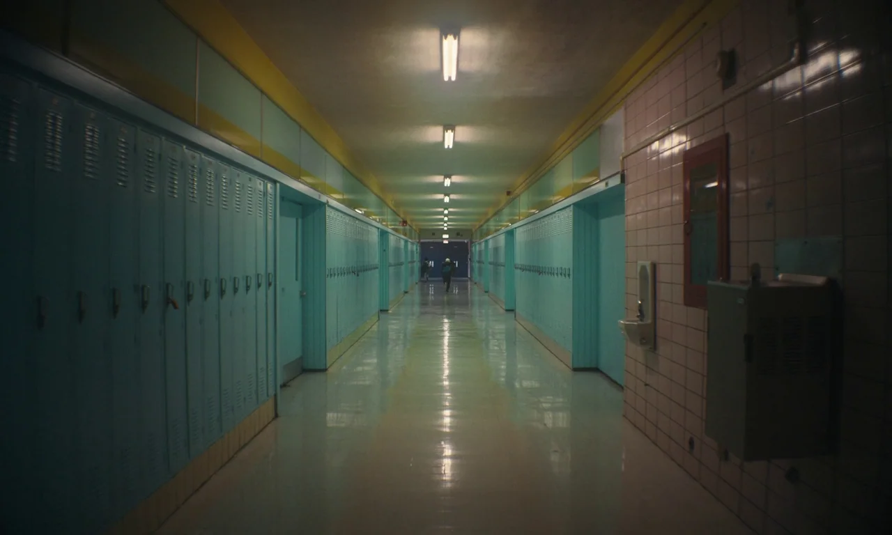 We Grown Now (2023) movie still: wide — A long, symmetrical school corridor is lined with rows of pale teal metal lockers. Two distant figures walk…