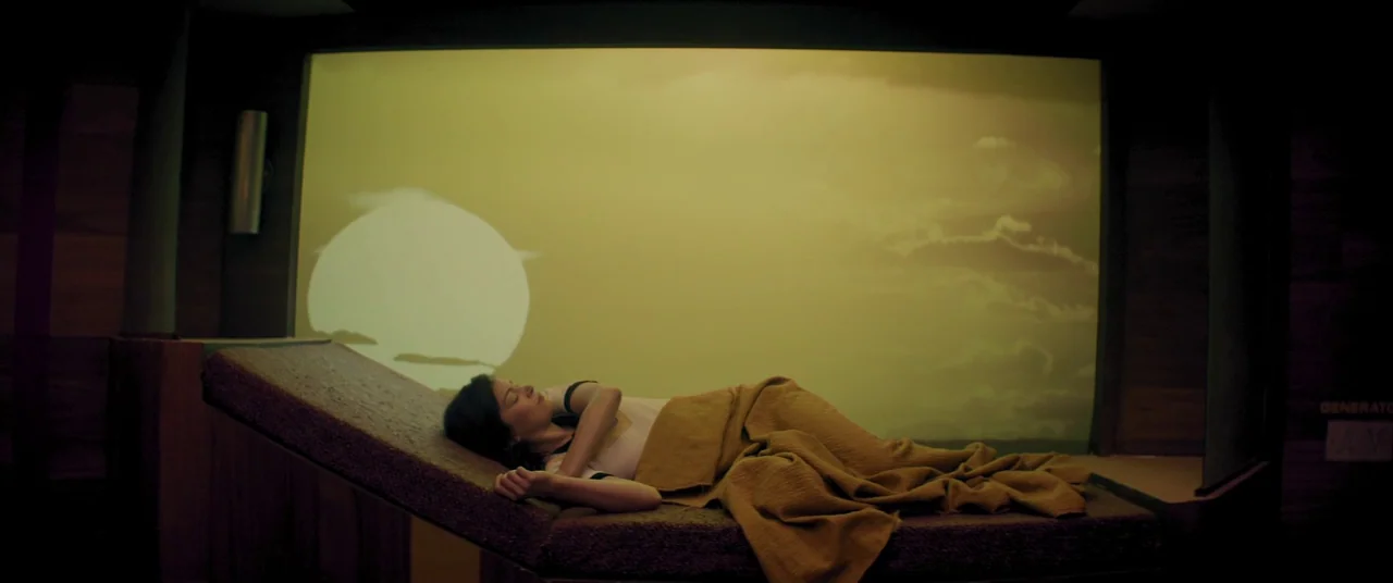 Domain (2017) movie still: wide — A small, cramped cabin with a single elevated bed platform and dark walls. A woman sleeps on the bed while a…