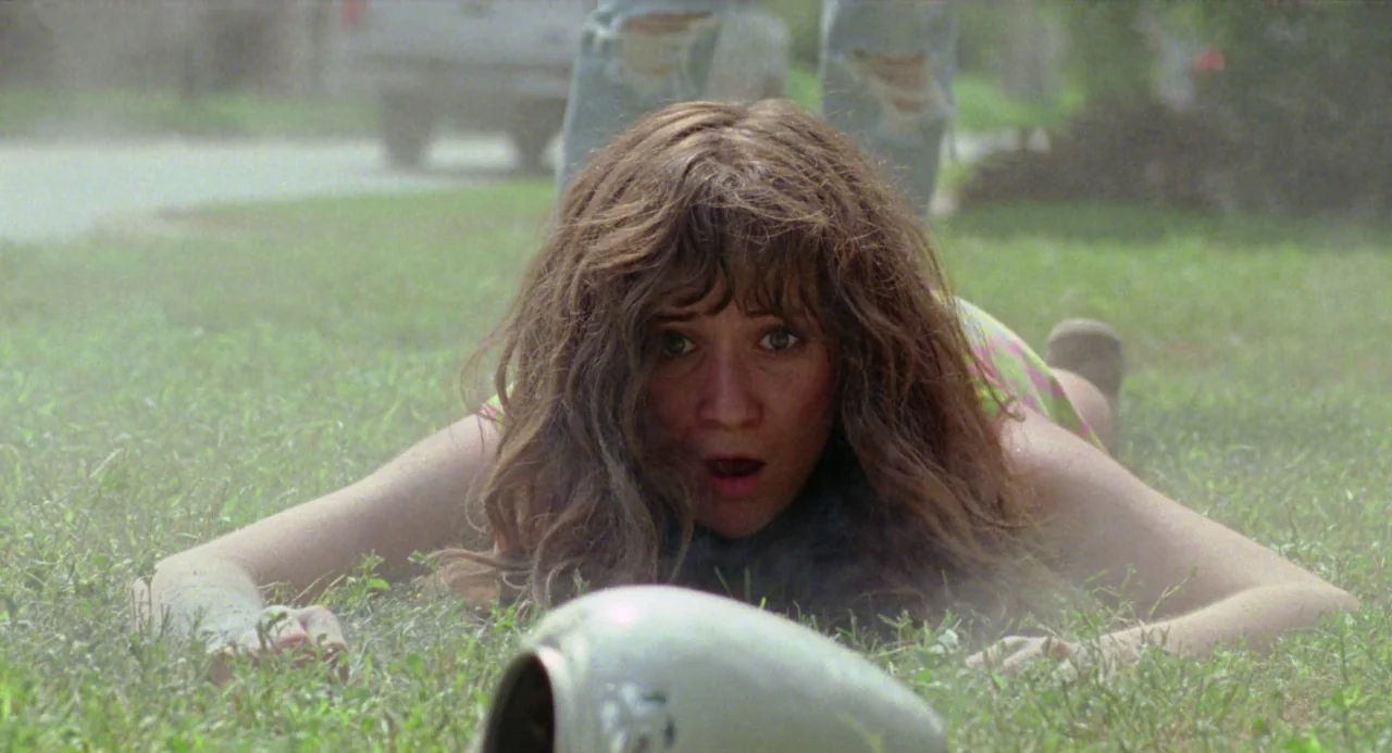 Mr. Roosevelt (2017) movie still: medium — A residential lawn covered in cut green grass serves as the primary setting area. A woman in a patterned…