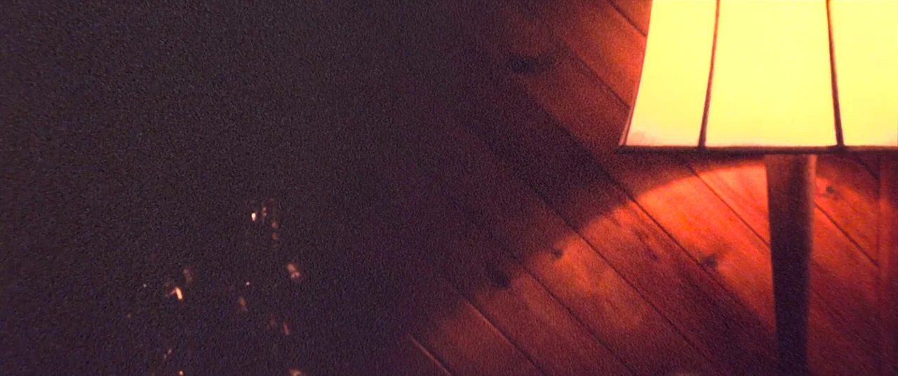 Skinamarink (2022) movie still: closeup — A dimly lit interior space features wood paneling covering the walls. A lit lamp casts a pool of warm…