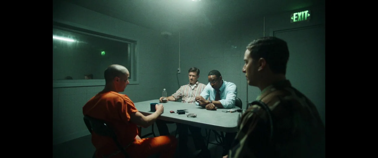 The Mauritanian (2021) movie still: wide — A windowless room features grey walls, a metal folding table, and a glowing green exit sign. Four men sit…