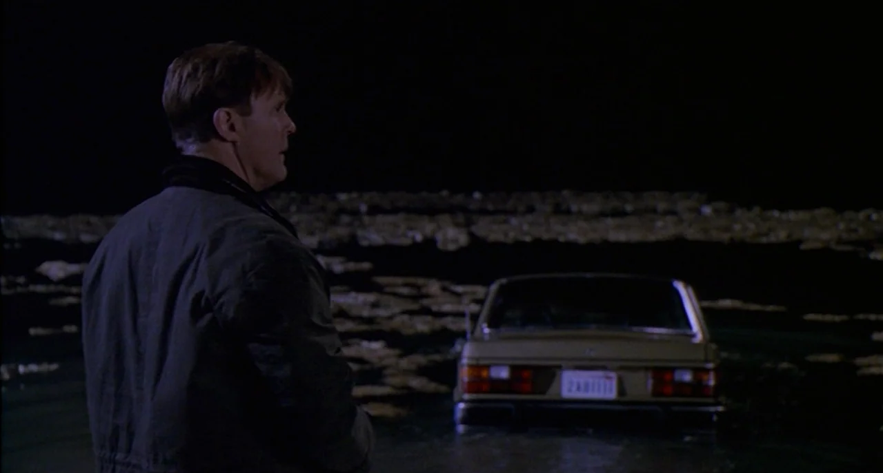 Raising Cain movie still: medium — A dark night setting with a man standing in shallow, murky water. A sedan sits partially submerged in the water…