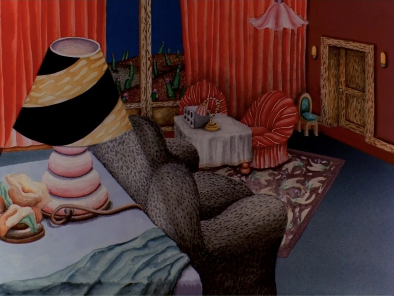 Asparagus (2007) movie still: wide — A stylized interior with red curtains, patterned upholstery, and a dark floor. A table sits near a window…