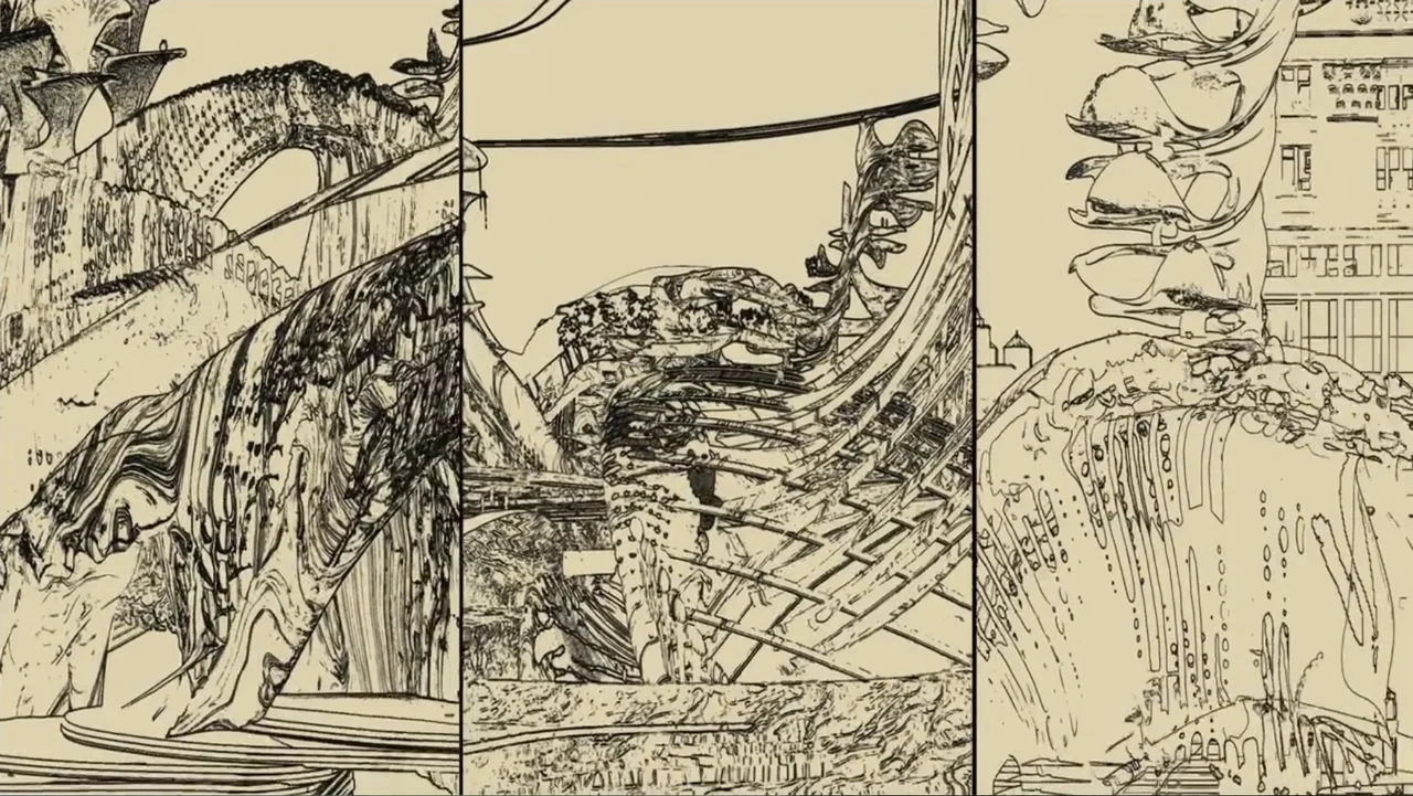 Megalopolis (2024) movie still: wide — A complex triptych composition displays intricate organic structures resembling twisted tree roots or…