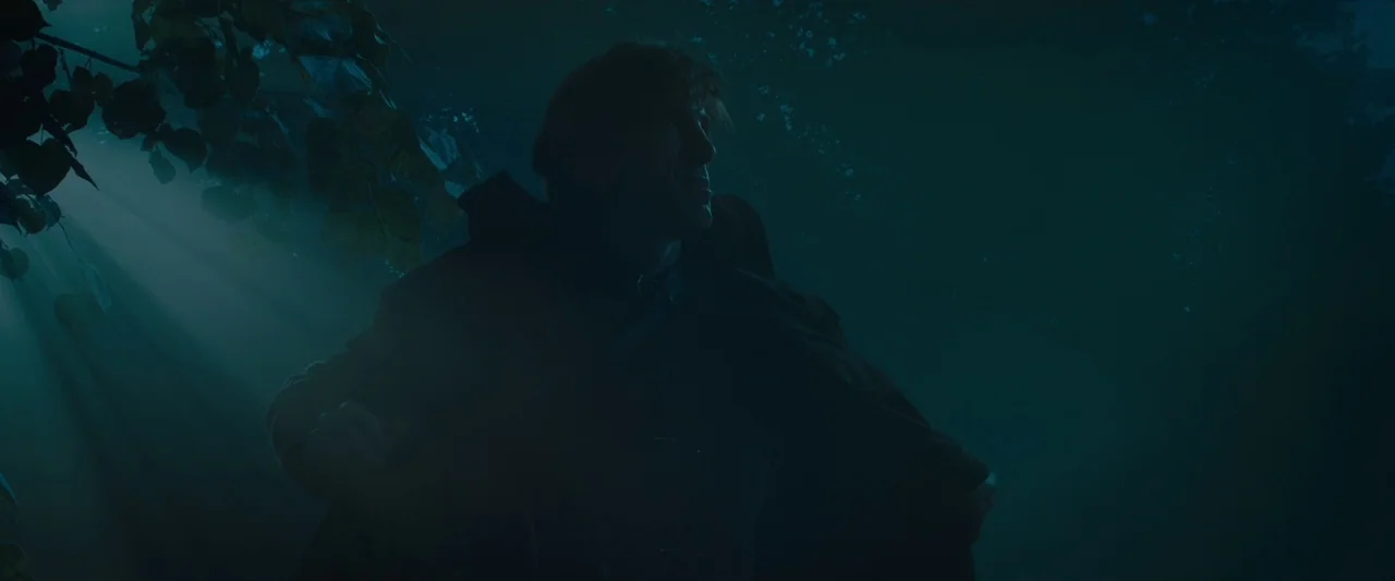 Maleficent (2014) movie still: medium — A dense forest at night is shrouded in deep teal shadow and moonlight. A man in a dark cloak stands among…