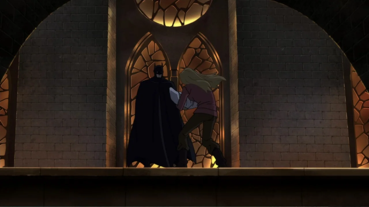 Justice League Dark (2017) movie still: fullbody — A dark stone room featuring arched windows with glowing orange stained glass panels. Batman…