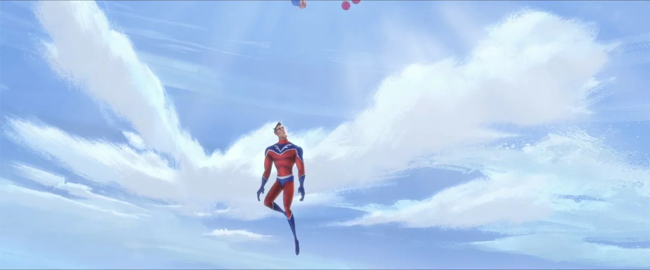 LEGO DC Super Hero Girls: Super-Villain High (2018) movie still: wide — A figure drifts through a bright blue sky filled with large stylized white…