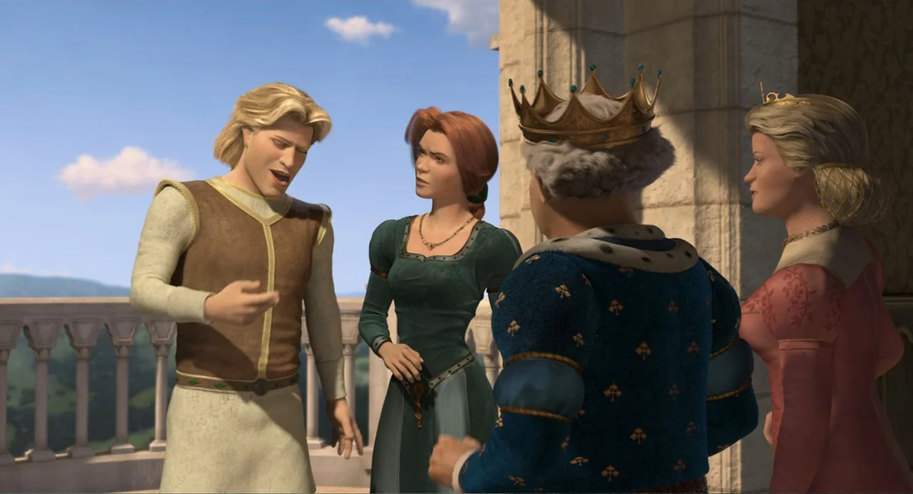 Shrek 2 (2004) movie still: medium — A stone balcony overlooks a distant landscape under a clear blue sky. A prince speaks to a princess and an…