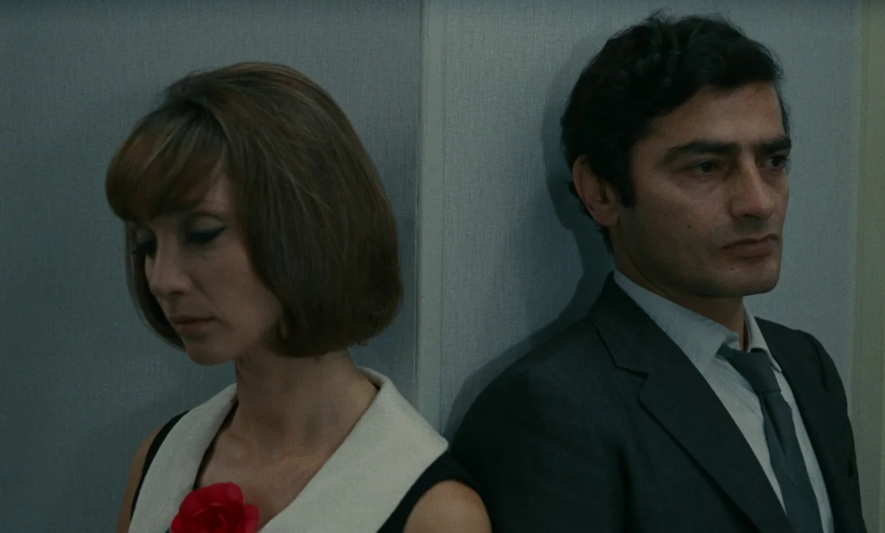 Z (1969) movie still: medium — Two individuals stand against a light grey paneled wall inside an elevator. The woman wears a sleeveless top with a…
