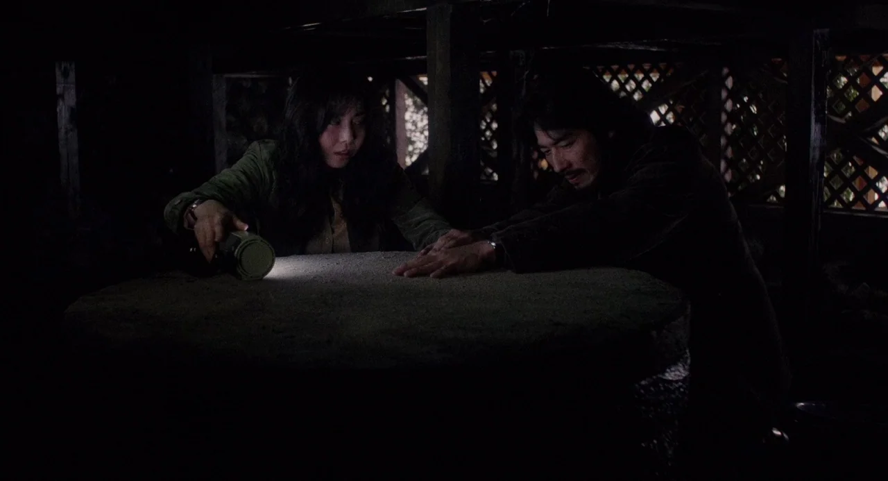 Ringu (1998) movie still: medium — A dark crawlspace features wooden lattice walls and a circular stone surface center. A man and woman examine the…