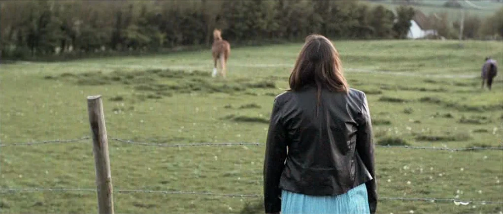 Down Terrace (2009) movie still: medium — An open grassy pasture features a barbed wire fence in the immediate foreground. A woman stands with her…