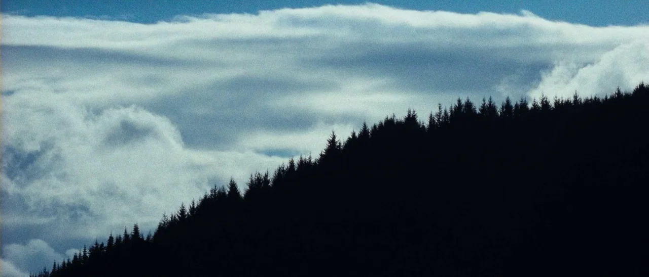 The Descent (2005) movie still: wide — A dark silhouetted treeline slopes upward against a bright, cloudy sky. Large patches of soft white clouds…