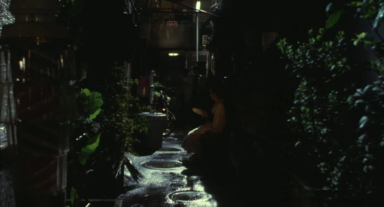 The Discarnates (1988) movie still: wide — A narrow, wet urban passage is framed by dark foliage and concrete structures. A young woman sits alone…