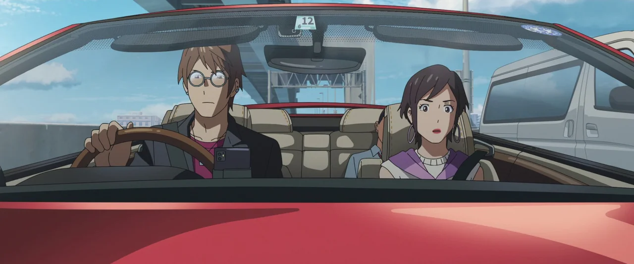 Suzume (2022) movie still: medium — An anime style interior of a red convertible car driving on a highway. A man drives while a woman sits in the…