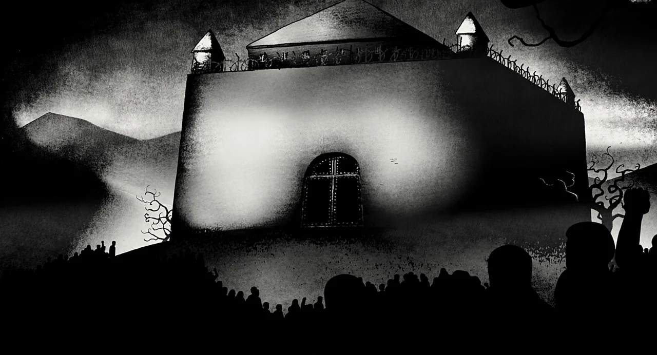 Persepolis (2007) movie still: wide — A monolithic stone structure with defensive towers sits against a dark and barren landscape. A large crowd of…