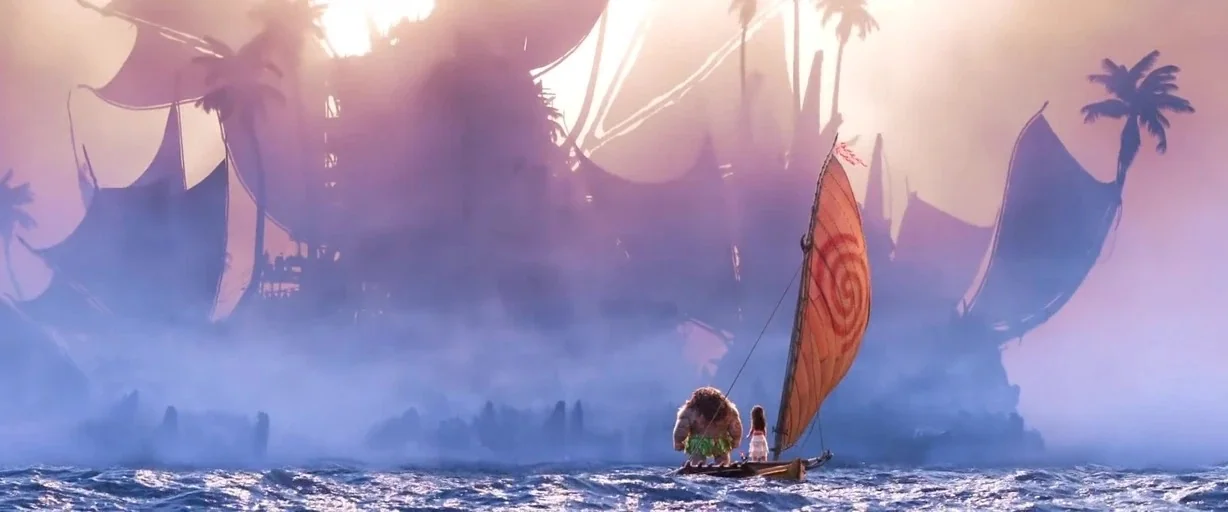 Moana (2016) movie still: wide — A small wooden sailboat drifts through calm water toward a massive, fog-shrouded island. The silhouette of the boat…
