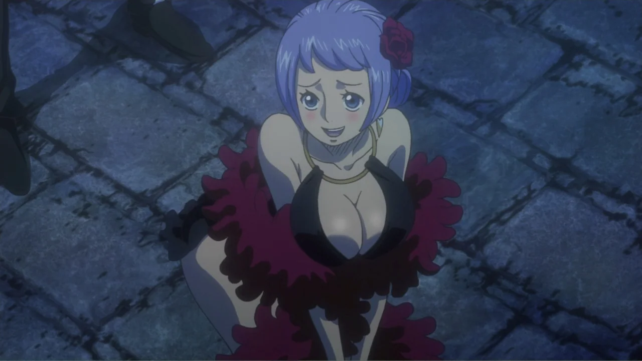 One Piece Film: GOLD (2016) movie still: medium — A stone-paved street at night is illuminated by cool blue light. A woman with lilac hair crouches…