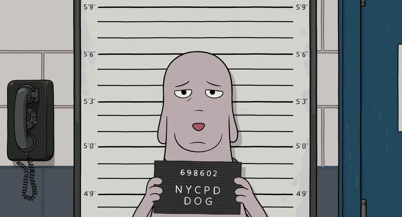 Robot Dreams (2023) movie still: medium — A mugshot backdrop with height measurements marked in black lines on a white wall. An anthropomorphic dog…