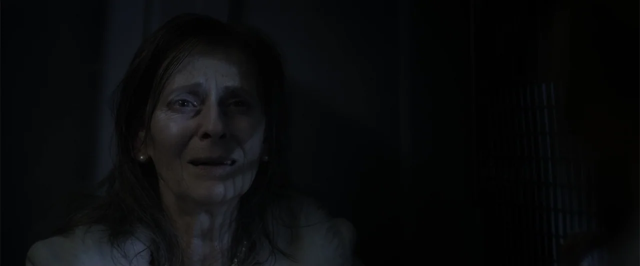 Howl (2015) movie still: closeup — A dark, sparsely lit interior space with a subject in the foreground. A middle-aged woman stands in shadow…
