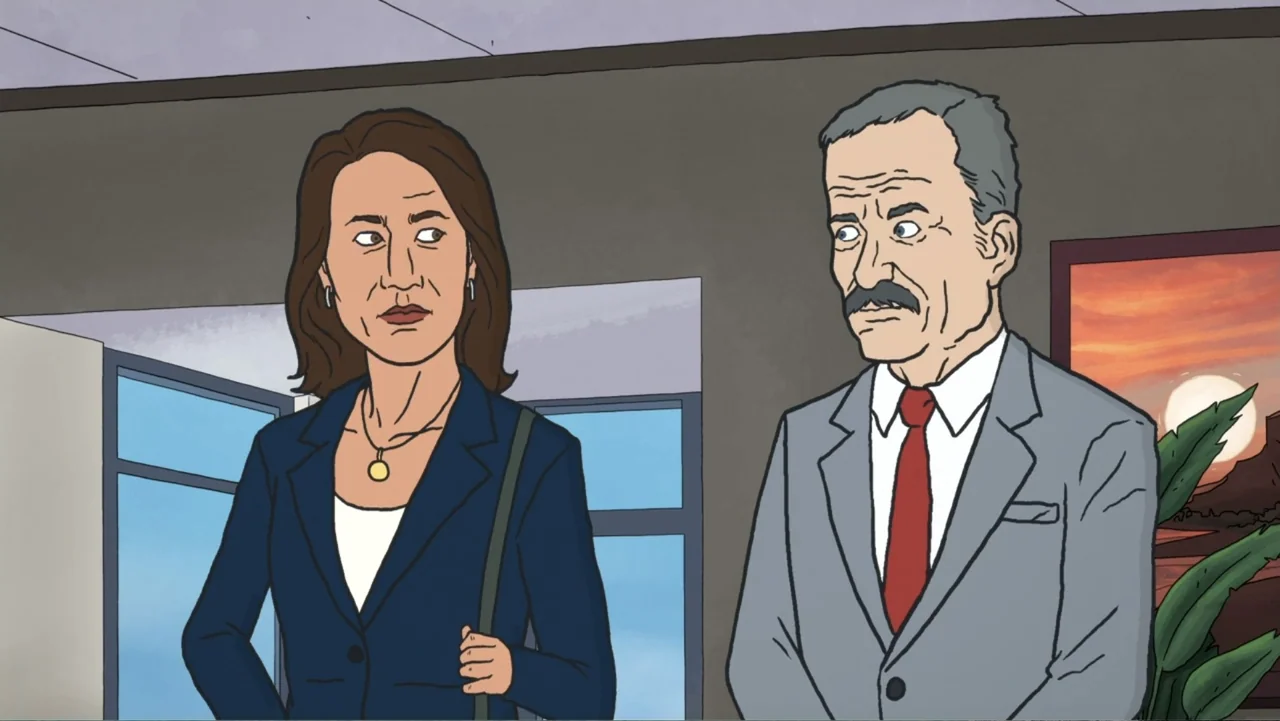 Beavis and Butt-Head Do the Universe (2022) movie still: medium — An interior office hallway with grey walls and a sunset painting visible on the…