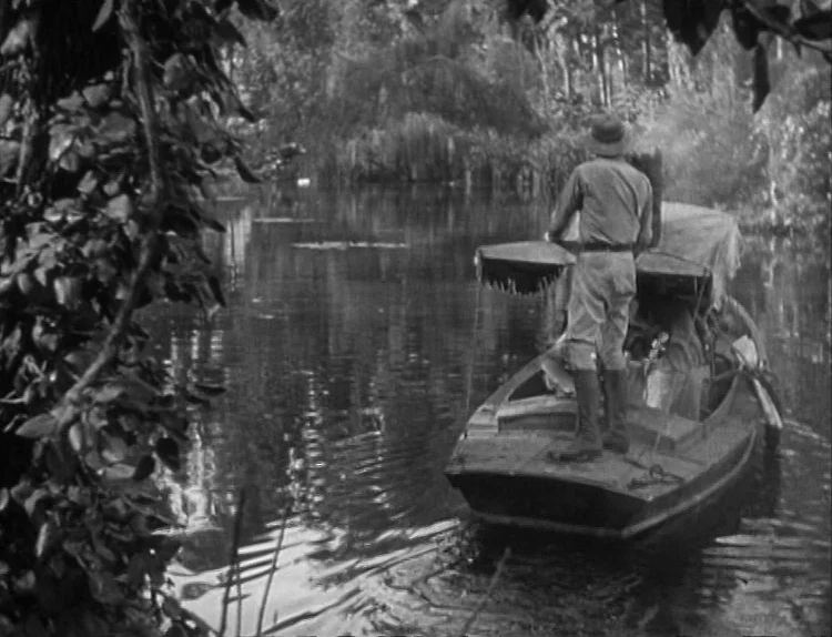 The Lady Eve (1941) movie still: wide — A narrow tropical river surrounded by dense vegetation and overhanging tree branches. A man wearing a pith…