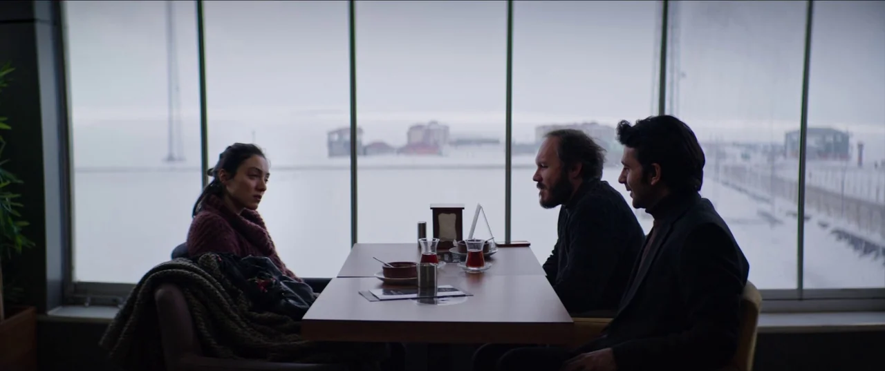 About Dry Grasses (2023) movie still: wide — A quiet indoor cafe overlooks a snowy coastal landscape through floor-to-ceiling windows. Three people…